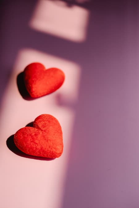 Sur fond rose, deux coussins rouges en forme de coeur sont posés par terre dans l'ombre d'une fenetre.